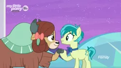 Size: 1920x1080 | Tagged: safe, derpibooru import, screencap, sandbar, yona, earth pony, pony, yak, she's all yak, bow, bowtie, cloven hooves, discovery family logo, duo, eye contact, female, hair bow, holding hooves, looking at each other, male, monkey swings, teenager, treehouse of harmony