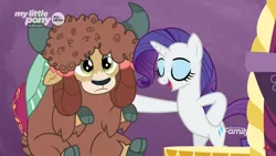 Size: 1366x768 | Tagged: safe, derpibooru import, screencap, rarity, yona, pony, unicorn, yak, she's all yak, bipedal, bow, cloven hooves, curly hair, discovery family logo, duo, female, fit right in, hair bow, hairstyle, mare, monkey swings