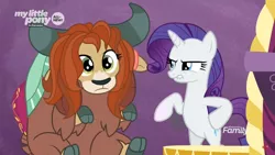 Size: 1366x768 | Tagged: safe, derpibooru import, screencap, rarity, yona, pony, unicorn, yak, she's all yak, bipedal, bow, brown hair, cloven hooves, discovery family logo, duo, female, fit right in, hair bow, hairstyle, mare, monkey swings