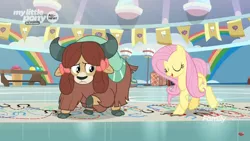 Size: 1366x768 | Tagged: safe, derpibooru import, screencap, fluttershy, yona, pegasus, pony, yak, she's all yak, bow, chart, cloven hooves, crossed hooves, dancing, dotted line, duo, female, gym, hair bow, hoofprints, mare, monkey swings, paper, twisting