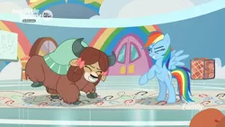 Size: 1366x768 | Tagged: safe, derpibooru import, screencap, rainbow dash, yona, pegasus, pony, yak, she's all yak, bow, cloven hooves, cute, dancing, dashabetes, dotted line, duo, female, gym, hair bow, hoofprints, mare, monkey swings, paper, yonadorable