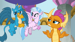 Size: 600x338 | Tagged: safe, derpibooru import, edit, screencap, gallus, silverstream, smolder, classical hippogriff, dragon, gryphon, hippogriff, she's all yak, animated, cute, diastreamies, dragoness, female, finger gun, gallabetes, male, one eye closed, shipping fuel, smolderbetes, wink