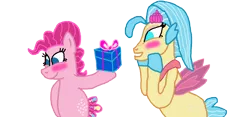 Size: 1300x607 | Tagged: safe, artist:bigpurplemuppet99, derpibooru import, pinkie pie, princess skystar, seapony (g4), my little pony: the movie, blushing, female, lesbian, present, seaponified, seapony pinkie pie, shipping, skypie, species swap