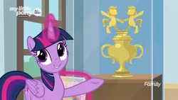 Size: 1280x720 | Tagged: safe, derpibooru import, screencap, twilight sparkle, twilight sparkle (alicorn), alicorn, pony, she's all yak, adorkable, cute, dork, female, folded wings, glowing horn, horn, magic, mare, raised hoof, smiling, solo, trophy, wings