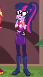 Size: 1242x2208 | Tagged: safe, derpibooru import, screencap, sci-twi, sunset shimmer, twilight sparkle, equestria girls, equestria girls series, festival filters, spoiler:eqg series (season 2), boots, bracelet, clothes, cropped, fanny pack, geode of telekinesis, glasses, jewelry, magical geodes, offscreen character, open mouth, shoes, solo focus