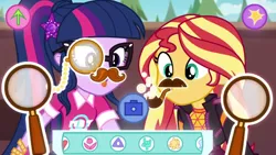 Size: 1280x720 | Tagged: safe, derpibooru import, screencap, sci-twi, sunset shimmer, twilight sparkle, equestria girls, equestria girls series, festival filters, spoiler:eqg series (season 2), bubble pipe, facial hair, geode of telekinesis, glasses, john watson, magical geodes, magnifying glass, monocle, moustache, pipe, selfie, watson (filter)