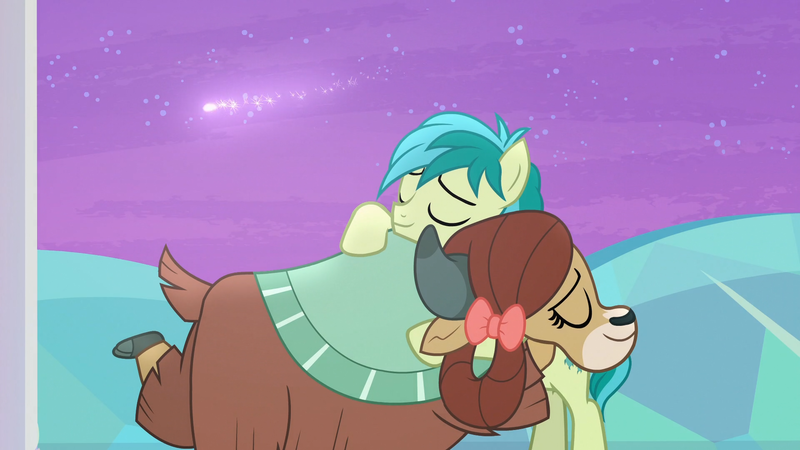 Size: 1920x1080 | Tagged: safe, derpibooru import, screencap, sandbar, yona, earth pony, pony, yak, she's all yak, bow, cloven hooves, cute, discovery family logo, duo, female, hair bow, hug, male, monkey swings, shipping fuel, shooting star, teenager