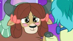 Size: 1920x1080 | Tagged: safe, derpibooru import, screencap, sandbar, yona, earth pony, pony, yak, she's all yak, blushing, bow, bowtie, cloven hooves, cute, discovery family logo, duo, female, hair bow, hoof hold, male, monkey swings, shipping fuel, teenager, yonadorable