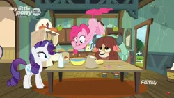 Size: 1366x768 | Tagged: safe, derpibooru import, screencap, pinkie pie, rarity, snips, yona, earth pony, pony, unicorn, yak, she's all yak, bow, bowl, bucket, butter, carpet, cloven hooves, discovery family logo, female, flour, food, hair bow, hoof hold, kitchen, mare, milk bottle, mixing bowl, monkey swings, pie, pies, spoon, sugar (food), table, tailcopter, trio