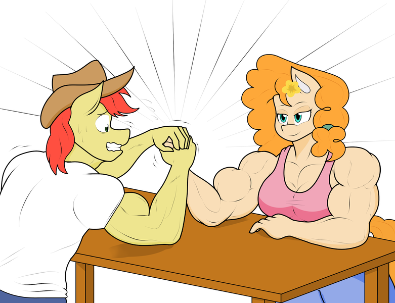 Size: 2145x1648 | Tagged: safe, artist:matchstickman, derpibooru import, bright mac, pear butter, anthro, earth pony, arm wrestling, biceps, breasts, bright mac's hat, brightbutter, busty pear butter, clothes, deltoids, duo, female, grin, image, jeans, male, might mac, muscles, muscular female, nervous, nervous grin, pants, pear buffer, pecs, png, shipping, shirt, simple background, sleeveless, sleeveless shirt, smiling, straight, sweat, sweatdrop, table, triceps, white background