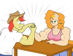 Size: 2145x1648 | Tagged: safe, artist:matchstickman, derpibooru import, bright mac, pear butter, anthro, earth pony, arm wrestling, biceps, breasts, bright mac's hat, brightbutter, busty pear butter, clothes, deltoids, duo, female, grin, image, jeans, male, might mac, muscles, muscular female, nervous, nervous grin, pants, pear buffer, pecs, png, shipping, shirt, simple background, sleeveless, sleeveless shirt, smiling, straight, sweat, sweatdrop, table, triceps, white background