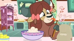 Size: 1366x768 | Tagged: safe, derpibooru import, screencap, yona, yak, she's all yak, batter, bow, bowl, cloven hooves, cooking, discovery family logo, dough, female, flour, food, hair bow, jar, kitchen, lemon, licking, mixing bowl, monkey swings, pie, plate, solo, sugarcube corner, tongue out