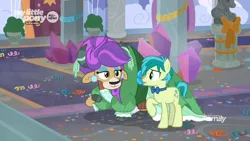 Size: 1366x768 | Tagged: safe, derpibooru import, screencap, sandbar, yona, earth pony, pony, yak, she's all yak, alternate hairstyle, bow, bowtie, carpet, clothes, cloven hooves, confetti, discovery family logo, dress, duo, ear piercing, earring, eyeshadow, female, jewelry, makeup, male, pearl earrings, piercing, purple hair, teenager, wig