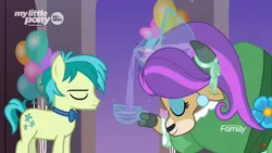 Size: 1366x768 | Tagged: safe, derpibooru import, screencap, sandbar, yona, earth pony, pony, yak, she's all yak, alternate hairstyle, balloon, bowing, bowl, bowtie, classy, cloven hooves, cup, discovery family logo, duo, ear piercing, earring, eyeshadow, female, flower, jewelry, majestic as fuck, makeup, male, piercing, pouring, punch (drink), punch bowl, teenager, wig