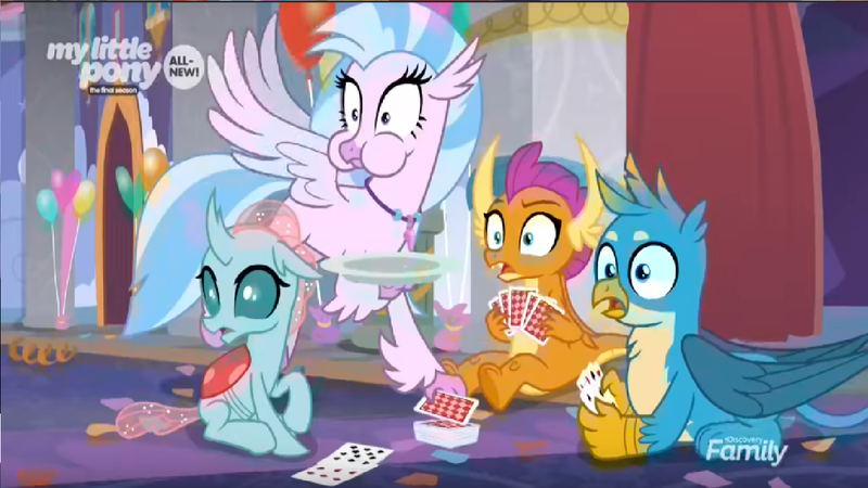 Size: 1366x768 | Tagged: card, card game, derpibooru import, discovery family logo, eating, gallus, ocellus, plate, playing card, safe, screencap, she's all yak, silverstream, smolder, stack