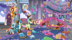 Size: 1366x766 | Tagged: alicorn, applejack, balloon, banner, barrier, bucket, carpet, chaos, confetti, derpibooru import, fluttershy, food, gallus, magic, mess, messy, ocellus, rarity, ruined, safe, sandbar, screencap, she's all yak, silverstream, smolder, streamers, trophy, twilight sparkle, twilight sparkle (alicorn), wrecked