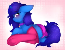 Size: 2000x1553 | Tagged: suggestive, artist:php85, derpibooru import, oc, oc:delly, unofficial characters only, pony, unicorn, bedroom eyes, blushing, clothes, collar, cute, frilly underwear, frog (hoof), looking back, panties, purple underwear, socks, solo, underhoof, underwear