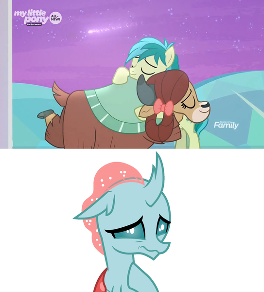 Size: 1920x2120 | Tagged: safe, derpibooru import, edit, edited screencap, screencap, ocellus, sandbar, yona, changedling, changeling, earth pony, pony, yak, she's all yak, bipedal, bow, cloven hooves, cute, diaocelles, eyes closed, female, frown, hair bow, heartbreak, hug, implied ocelbar, interspecies, male, monkey swings, ocelbar, sad, sandbar gets all the mares, shipping, smiling, straight, teenager, wavy mouth, yonabar