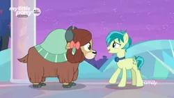 Size: 1366x768 | Tagged: safe, derpibooru import, screencap, sandbar, yona, earth pony, pony, yak, she's all yak, bow, bowtie, cloven hooves, discovery family logo, duo, female, hair bow, male, monkey swings, night, stallion, teenager, treehouse of harmony