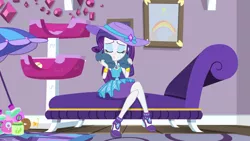 Size: 1920x1080 | Tagged: safe, derpibooru import, screencap, rarity, camping must-haves, equestria girls, equestria girls series, spoiler:eqg series (season 2), couch, puckered lips, rarity's bedroom, solo