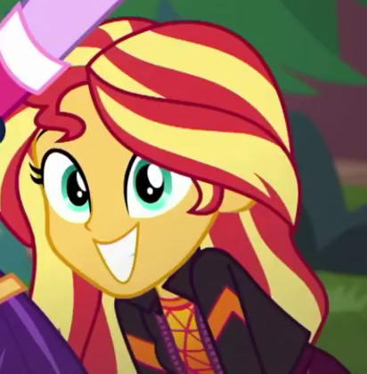 Size: 412x419 | Tagged: safe, derpibooru import, screencap, sci-twi, sunset shimmer, twilight sparkle, equestria girls, equestria girls series, festival filters, spoiler:eqg series (season 2), clothes, cropped, cute, female, grin, new hairstyle, new outfit, offscreen character, shimmerbetes, smiling