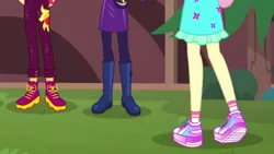 Size: 2208x1242 | Tagged: safe, derpibooru import, screencap, fluttershy, sci-twi, sunset shimmer, twilight sparkle, butterfly, equestria girls, equestria girls series, festival filters, spoiler:eqg series (season 2), boots, clothes, dress, legs, pants, pantyhose, pictures of legs, raised leg, shoes, skirt, sneakers