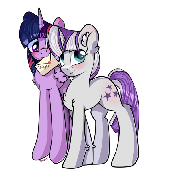 Size: 1500x1400 | Tagged: safe, artist:n0kkun, derpibooru import, twilight sparkle, twilight sparkle (alicorn), twilight velvet, alicorn, pony, unicorn, blushing, duo, female, letter, mare, mother and child, mother and daughter, mother's day, mouth hold, simple background, transparent background