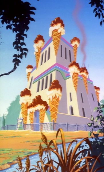 Size: 1206x1994 | Tagged: building, composite screencap, derpibooru import, edit, edited screencap, factory, fence, food, g1, grass, ice cream, ice cream cone, ice cream factory, my little pony tales, no pony, panorama, pollution, reeds, river, safe, screencap, tree, who's responsible