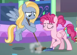 Size: 650x471 | Tagged: safe, derpibooru import, screencap, bifröst, goldy wings, pegasus, pony, she's all yak, background pony, broom, cropped, duo, dustpan, eyes closed, female, friendship student, hoof hold, mare, sweeping, tail wrap