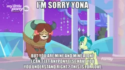 Size: 1920x1080 | Tagged: semi-grimdark, derpibooru import, edit, edited screencap, editor:dtavs.exe, screencap, sandbar, yona, earth pony, pony, yak, she's all yak, bow, bowtie, caption, cloven hooves, duo, female, hair bow, image macro, kidnapped, male, monkey swings, rope, teenager, text, treehouse of harmony, yandere, yanderebar