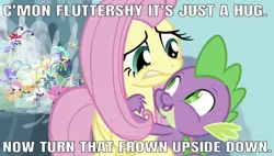 Size: 666x377 | Tagged: safe, derpibooru import, edit, edited screencap, editor:undeadponysoldier, screencap, fluttershy, spike, breezie, dragon, pegasus, pony, it ain't easy being breezies, adorable face, caption, cute, female, flutterspike, hug, image macro, looking at each other, male, mare, meme, mushroom, nervous, shipping, straight, text, turn that frown upside down