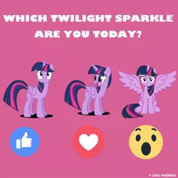 Size: 1080x1080 | Tagged: safe, derpibooru import, official, twilight sparkle, twilight sparkle (alicorn), alicorn, pony, close enough, emoji, facebook, female, four wings, g4, image, jpeg, mare, multiple wings, nailed it, purple background, self ponidox, simple background, text, twilight sparkle month, wat, wings, you had one job