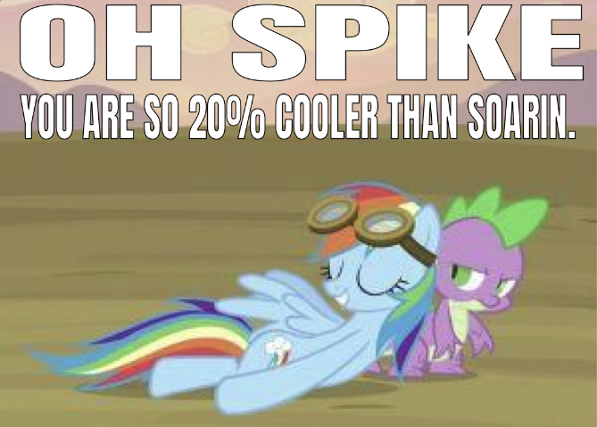 Size: 669x479 | Tagged: safe, derpibooru import, edit, edited screencap, editor:undeadponysoldier, screencap, rainbow dash, spike, dragon, pegasus, pony, hurricane fluttershy, 20% cooler, bad quality, caption, female, goggles, image macro, implied shipping, implied soarin', implied soarindash, implied straight, leaning, male, mare, needs more jpeg, quality, rainbowspike, roasted, shipping, shipping drama, straight, text, unamused