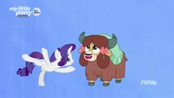 Size: 1280x720 | Tagged: safe, derpibooru import, screencap, rarity, yona, pony, unicorn, yak, she's all yak, bow, cloven hooves, dancing, duo, female, fit right in, gradient background, hair bow, mare, monkey swings