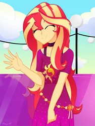 Size: 1224x1632 | Tagged: safe, artist:xan-gelx, derpibooru import, sunset shimmer, equestria girls, equestria girls series, spring breakdown, spoiler:eqg series (season 2), clothes, eyes closed, female, geode of empathy, happy, magical geodes, solo