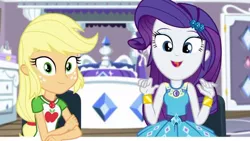 Size: 1280x720 | Tagged: safe, derpibooru import, screencap, applejack, rarity, camping must-haves, equestria girls, equestria girls series, spoiler:eqg series (season 2), bed, belt buckle, bracelet, breaking the fourth wall, clothes, cutie mark, cutie mark on clothes, duo, eyeshadow, female, geode of shielding, geode of super strength, gold, image, jewelry, jpeg, magical geodes, makeup, necklace, pendant, rarijack, rarity peplum dress, rarity's bedroom, shirt, sleeveless, t-shirt