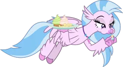 Size: 6714x3688 | Tagged: artist:frownfactory, chips, classical hippogriff, cupcake, derpibooru import, eating, female, flying, food, half-closed eyes, hippogriff, safe, she's all yak, silverstream, simple background, solo, svg, .svg available, transparent background, vector, wings