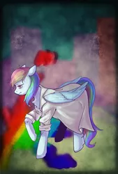 Size: 1551x2300 | Tagged: safe, artist:貂小明, derpibooru import, rainbow dash, pegasus, pony, fanfic:rainbow factory, clothes, commission, fanfic art, female, lab coat, legends of the three kingdoms, mare, multicolored hair, rainbow factory dash, sad, simple background, solo, wallpaper