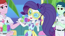 Size: 1920x1080 | Tagged: safe, derpibooru import, screencap, nantucket flyer, rarity, equestria girls, equestria girls series, i'm on a yacht, spoiler:eqg series (season 2), background human, beverage, drink, female, geode of shielding, looking at you, magical geodes, male, one eye closed, straw, sunglasses, waiter, wink