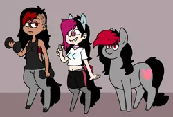 Size: 1207x816 | Tagged: artist:/d/non, cat ears, derpibooru import, dumbbell (object), oc, oc:bella, oc:hiki, oc:miss eri, parent:oc:miss eri, safe, satyr, spats, style emulation, the loud house, undercut