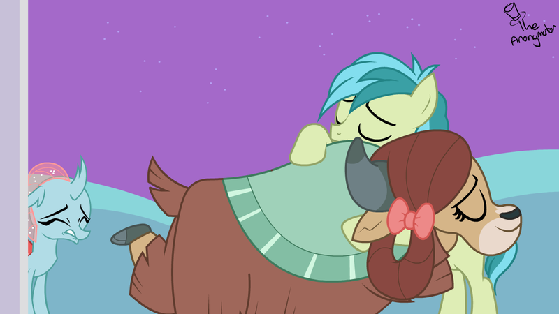 Size: 1280x720 | Tagged: safe, artist:noidavaliable, derpibooru import, ocellus, sandbar, yona, changedling, changeling, earth pony, pony, yak, she's all yak, bow, cloven hooves, cute, diaocelles, female, hair bow, heartbreak, hug, interspecies, male, monkey swings, poor, sad, shipping, shipping denied, straight, teenager, yonabar