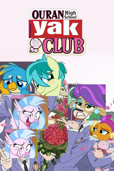 Size: 400x600 | Tagged: collage, derpibooru import, edit, edited screencap, gallus, ouran high school host club, safe, sandbar, screencap, she's all yak, silverstream, smolder, the brony show, yona