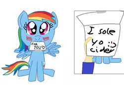 Size: 668x458 | Tagged: safe, artist:nightshadowmlp, derpibooru import, edit, rainbow dash, human, pegasus, pony, :3, cute, dash's note meme, dashabetes, drunk, drunker dash, exploitable meme, female, filly, filly rainbow dash, hand, meme, mouth hold, ms paint, note, paper, smiling, text, younger