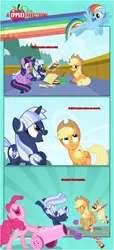 Size: 1919x4225 | Tagged: safe, artist:estories, derpibooru import, applejack, rainbow dash, twilight sparkle, twilight sparkle (alicorn), oc, oc:silverlay, oc:think pink, alicorn, earth pony, pegasus, pony, unicorn, comic:a(pple)ffection, applejack's hat, canon x oc, comic, cowboy hat, dialogue, female, flashback, hat, lesbian, magic, mare, party cannon, ponyville, rainbow trail, shipping, silverjack