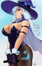 Size: 1089x1683 | Tagged: absolute cleavage, artist:overlordjc, breasts, busty trixie, cape, cleavage, clothes, cuffs (clothes), cutie mark, cutie mark on clothes, cutie mark on human, derpibooru import, female, fishnets, gloves, hat, human, humanized, leotard, looking at you, magician outfit, magic wand, sexy, socks, solo, solo female, stockings, stupid sexy trixie, suggestive, thigh highs, trixie, trixie's cape, trixie's hat