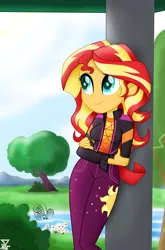 Size: 3700x5600 | Tagged: safe, artist:theretroart88, derpibooru import, sunset shimmer, equestria girls, equestria girls series, festival filters, spoiler:eqg series (season 2), absurd resolution, clothes, crossed arms, cute, cutie mark, cutie mark on clothes, female, pants, sexy, smiling, solo