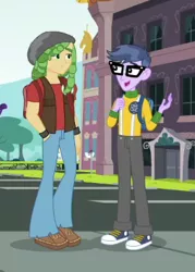 Size: 254x354 | Tagged: safe, derpibooru import, screencap, microchips, sandalwood, equestria girls, equestria girls series, fomo, spoiler:eqg series (season 2), backpack, canterlot high, clothes, converse, cropped, glasses, hand in pocket, male, pants, shoes