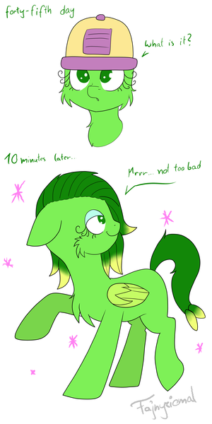 Size: 3000x6000 | Tagged: safe, artist:fajnyziomal, derpibooru import, oc, oc:świstek, unofficial characters only, original species, pegasus, plant pony, pony, comic:świstek, cheek fluff, chest fluff, comic, curly eyelashes, makeover, plant, raised hoof, solo, sparkles