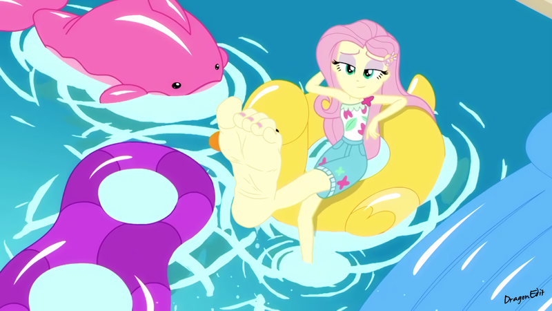 Size: 2672x1504 | Tagged: safe, artist:dragonedit, derpibooru import, edit, edited screencap, screencap, fluttershy, equestria girls, equestria girls series, i'm on a yacht, spoiler:eqg series (season 2), barefoot, clothes, eyeshadow, feet, flutterfeet, foot focus, lidded eyes, makeup, nail polish, pool toy, shorts, soles, toenails, wiggling toes