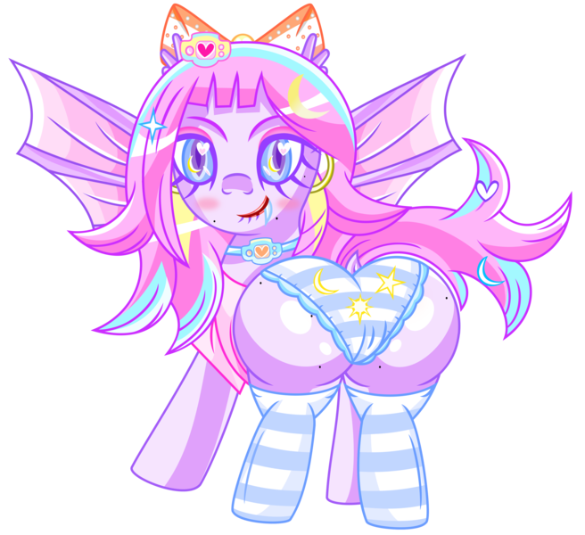 Size: 3637x3324 | Tagged: questionable, artist:nupiethehero, derpibooru import, oc, oc:brave heart, oc:brave heart (nupie's oc), bat pony, pony, bat pony oc, bat wings, bow, butt, clothes, digivice, japanese, lip bite, lipstick, looking at you, panties, plot, presenting, socks, spread wings, striped socks, striped underwear, thick, thigh highs, underwear, wings